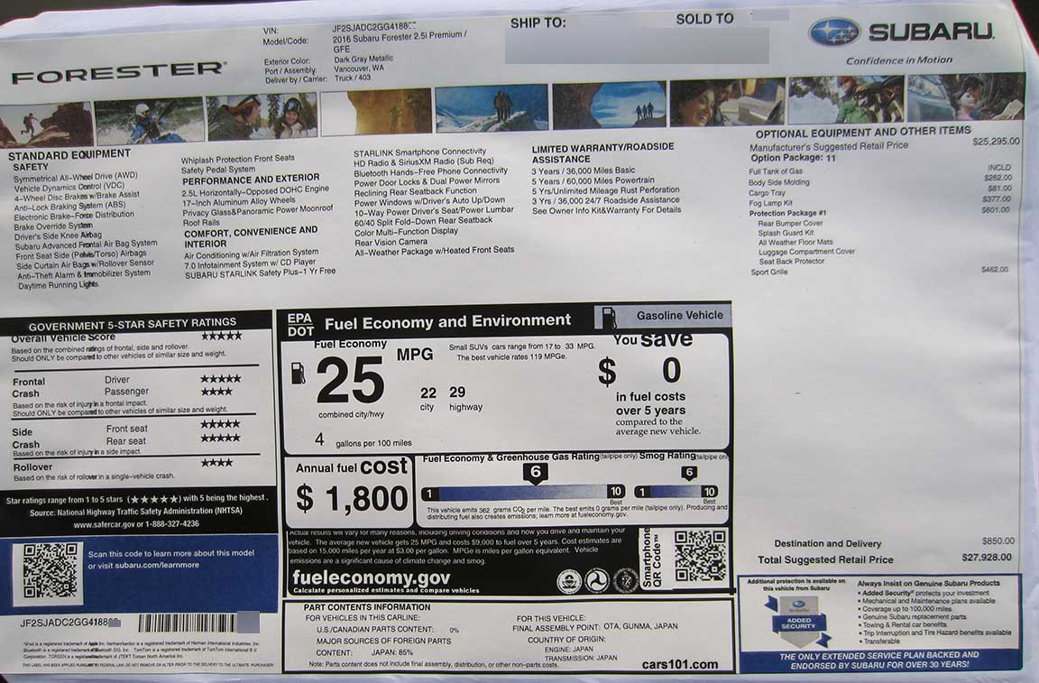 2016 Subaru Forester 2.5 Premium manual transmission (model code GFE)  Monroney window price sticker