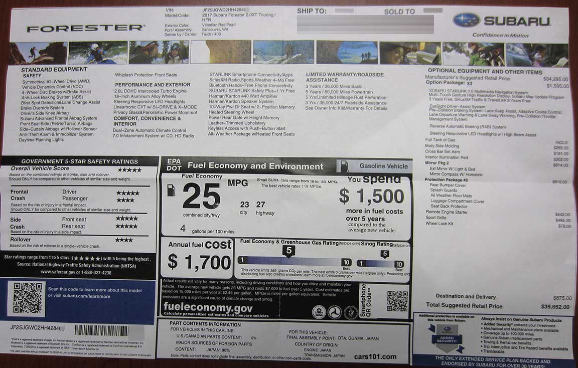 2017 Subaru Forester 2.0XT Touring  (HFN) with Option Package #33 Eyesight, and Mirror Pkg #2, Protection Package #2, window Monroney price sticker