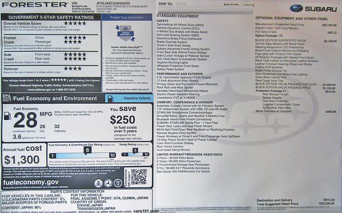 2018 Subaru Forester 2.5 Premium CVT Black Edition (model code JFF, Opt Pkg 16), Protection Pkg 1, feature and price Monroney window sticker