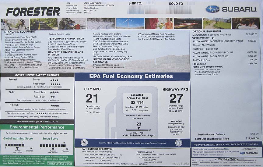 2012 Subaru Forester Monroney price windows sticker