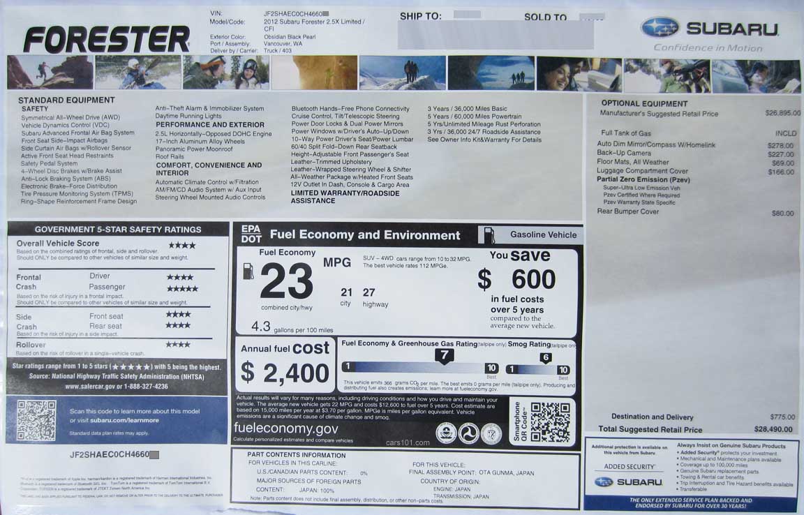 2012 subaru forester window price sticker, may 2012