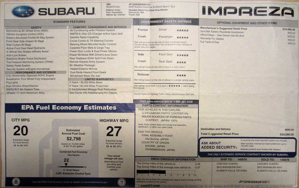 2008 subaru impreza outback sport window monroney sticker, manual transmission