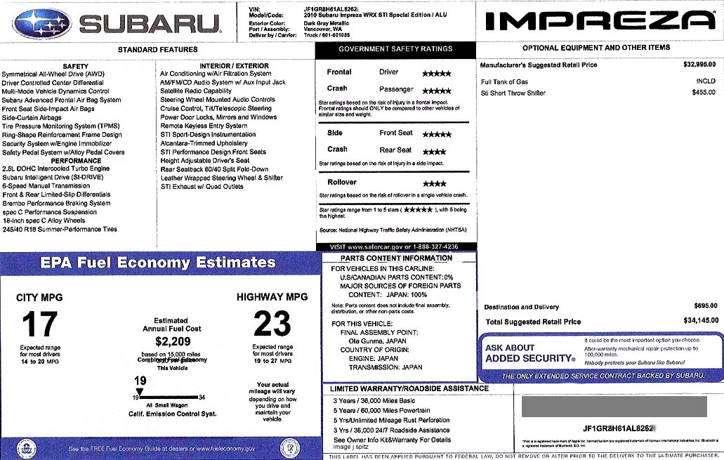 2010 Subaru STI SE Monroney window sticker