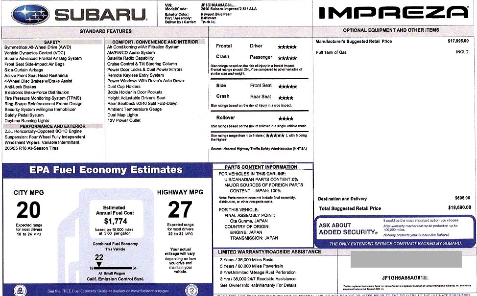 2010 Impreza 2.5i 5 door Monroney label window sticker