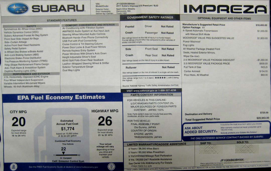 2011 Impreza Premium MSRP Monroney window sticker