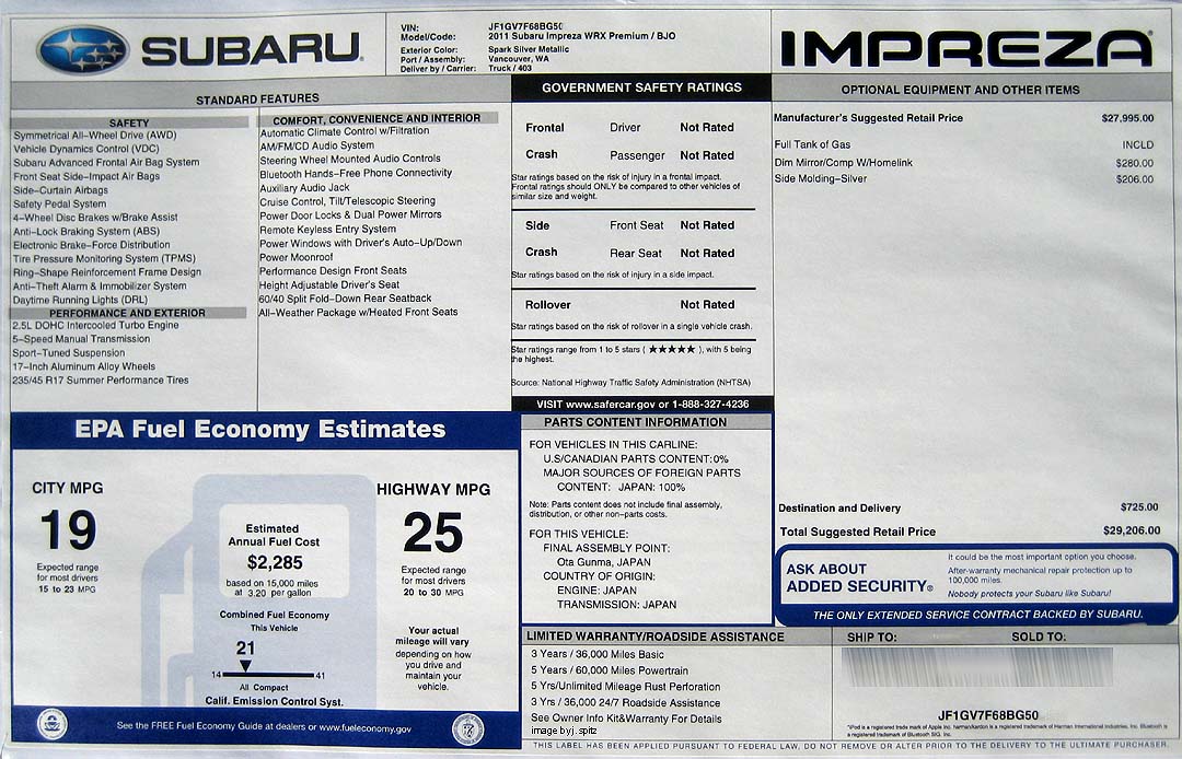 2001 Subaru WRX Premium Monroney window sticker