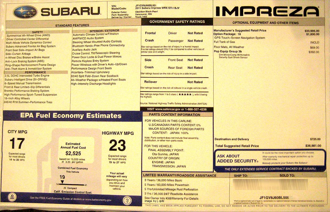 2011 Subaru STI 4 door sedan Monroney window sticker