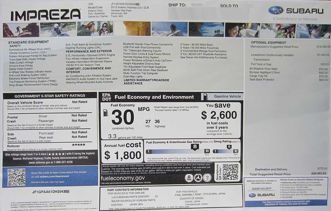 2013 subaru impreza monroney window price sticker