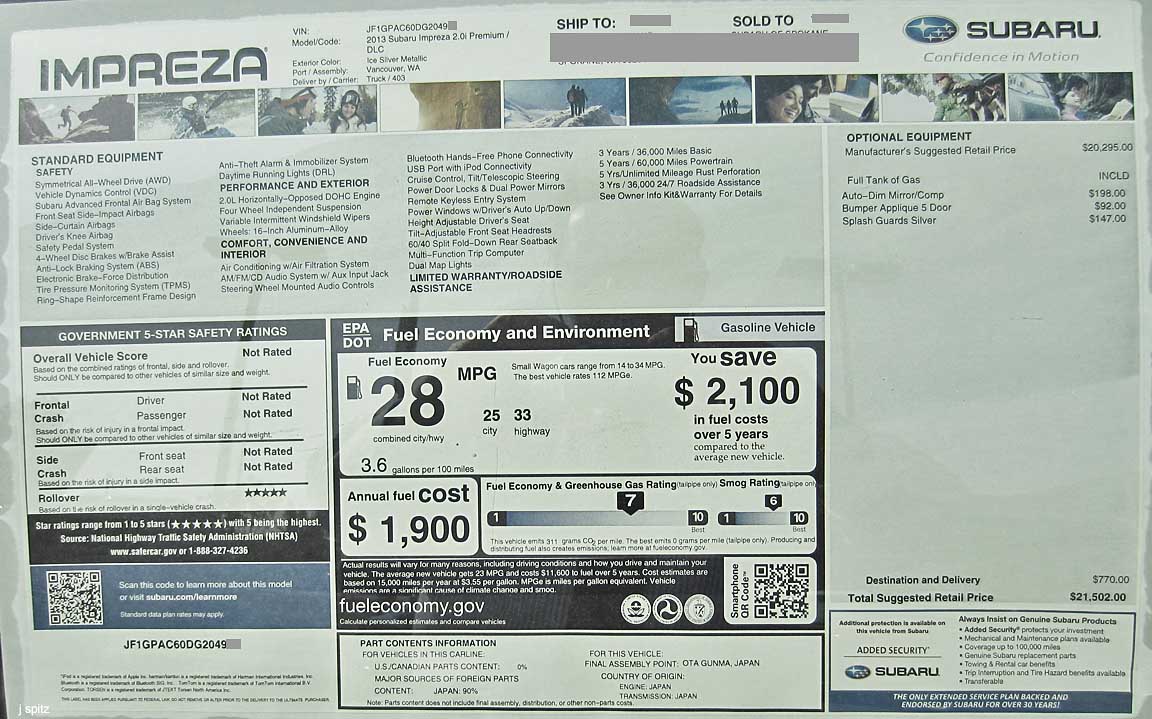 monroney window price sticker 2013 subaru impreza 2.0i premium 5 door hatchback