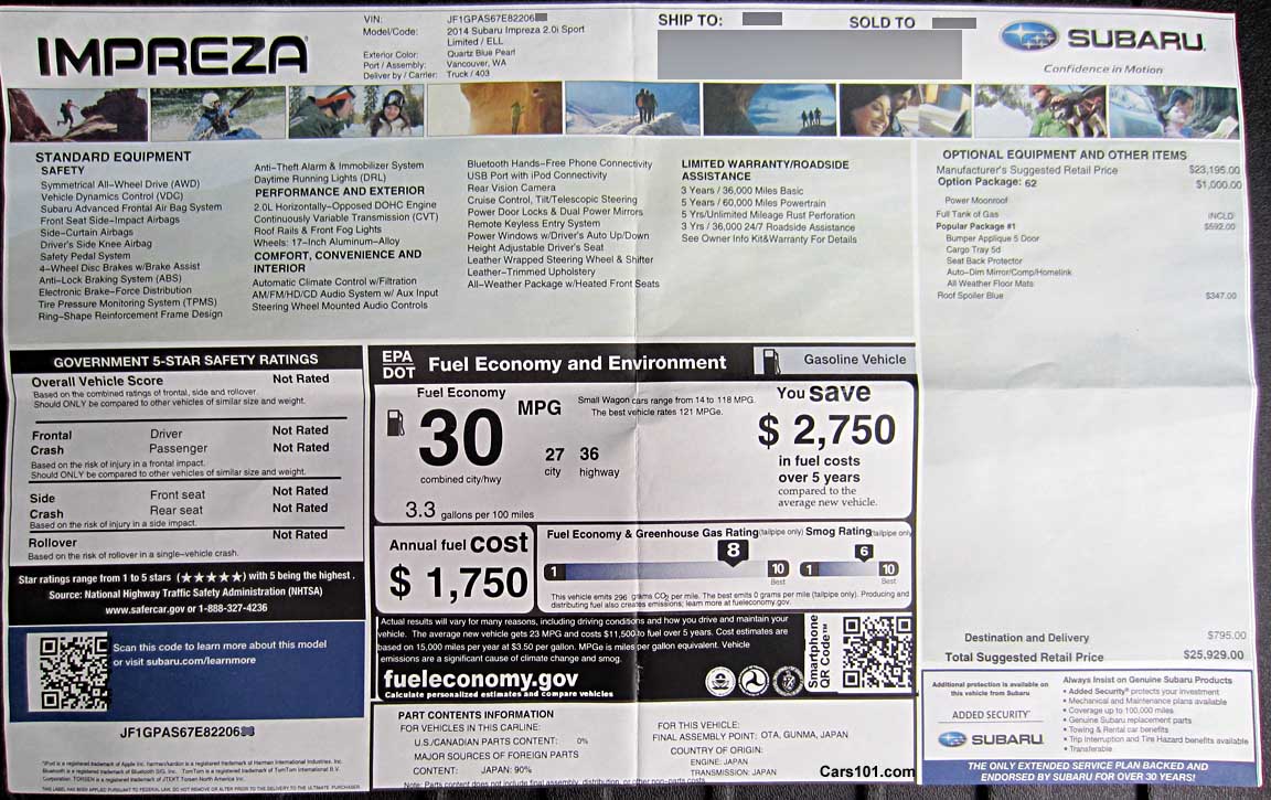 2014 subaru impreza sport limited window price sticker