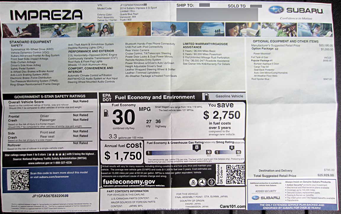 2014 subaru impreza sport limited window price sticker