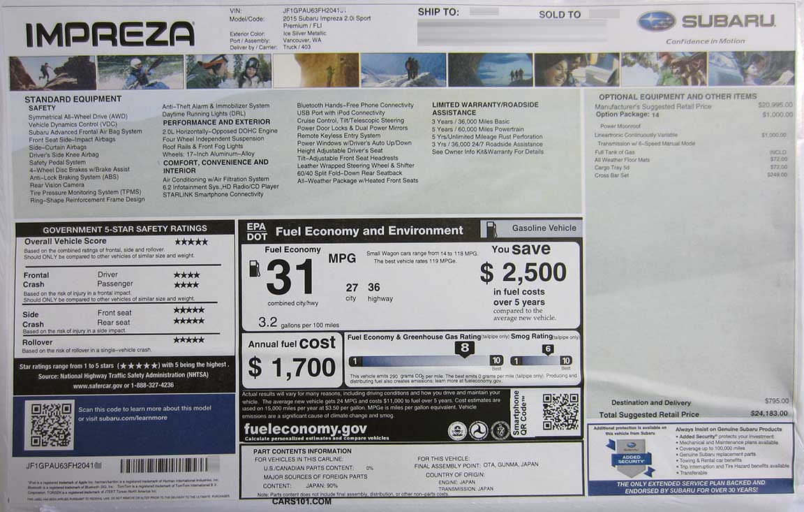 2015 Subaru Impreza 2.0i Sport (code FLI) with package #14 Monroney price sticker