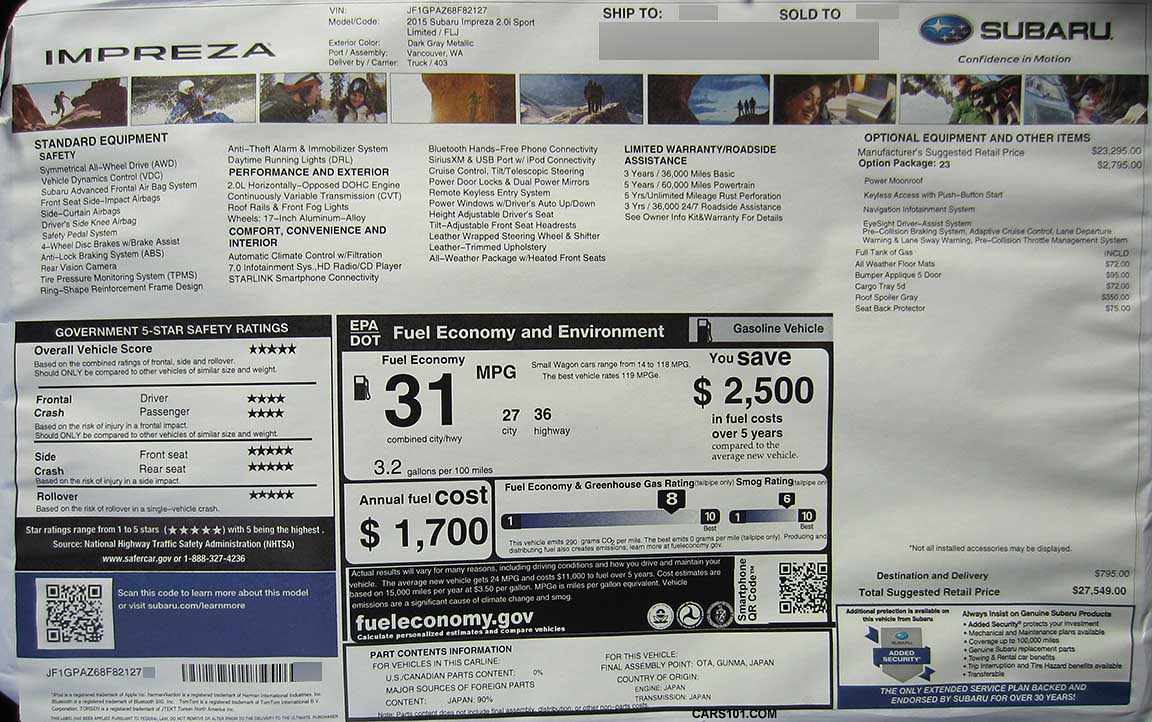 2015 Subaru Impreza Monroney window price label