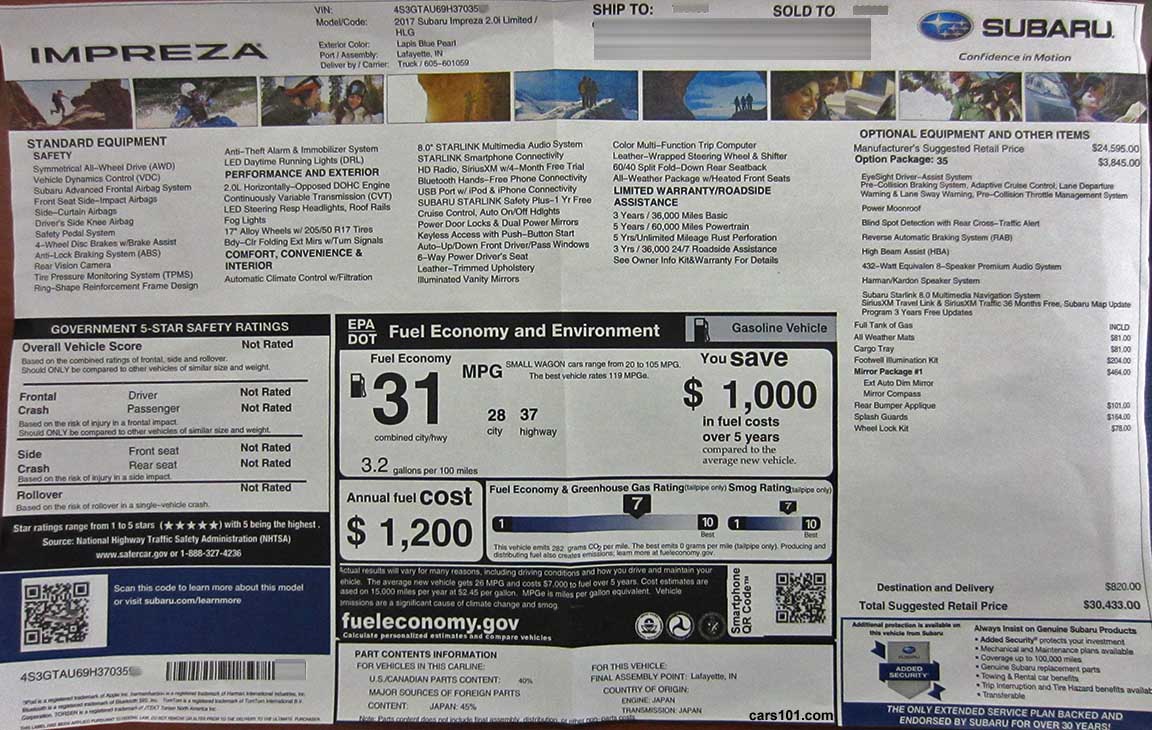 2017 Subaru Impreza Limited 5 door (code HLG) Package #35 eyesight, navigation/gps, Monroney price and features window sticker