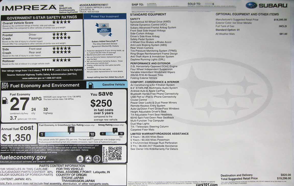 2017 Subaru Impreza 2.0i base model 4 door sedan manual transmission (model code HJA) features and price window Monroney sticker.