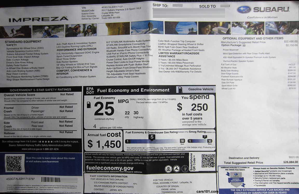 2017 Subaru Impreza Sport manual transmission 5 door, optional package #22 moonroof Monroney window price sticker (model code HLE)