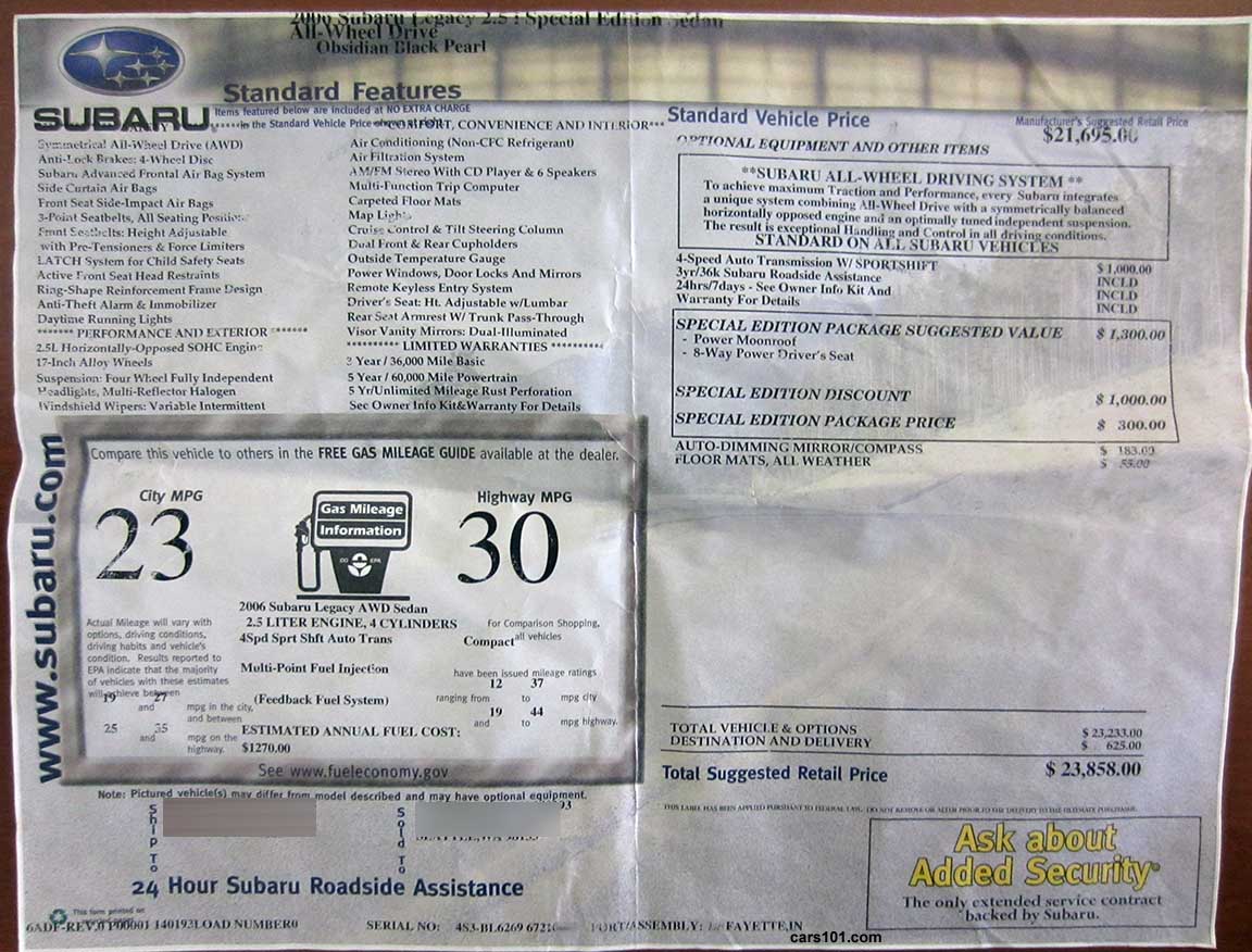 2006 Subaru Legacy 2.5i Special Edition 4 door sedan features and price Monroney window sticker label.