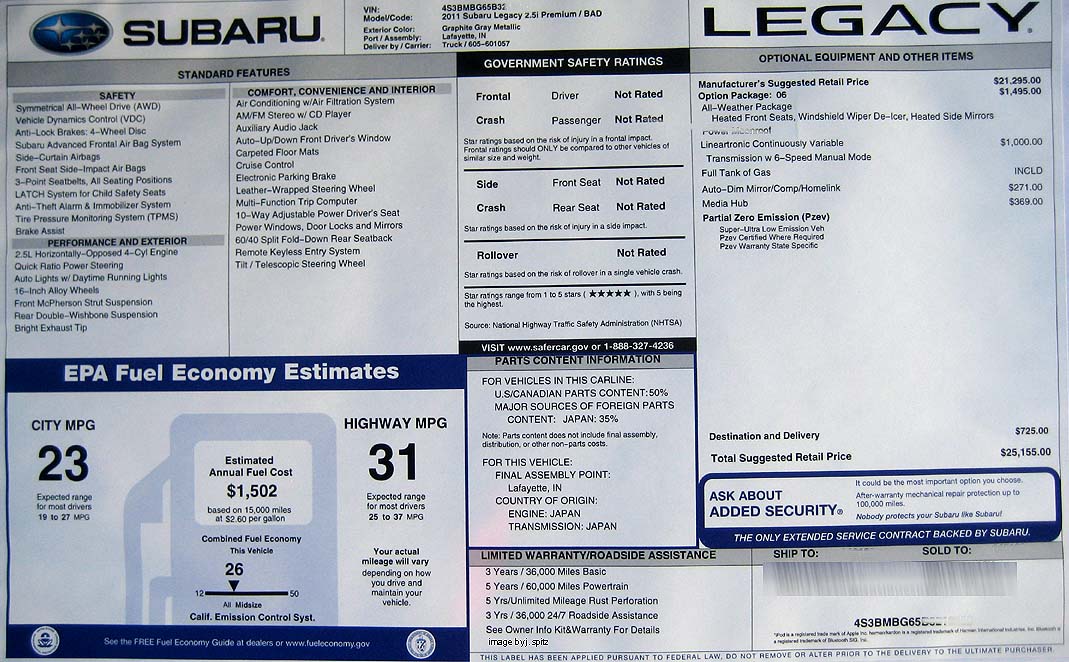 2011 Subaru Legacy Premium Monroney sticker