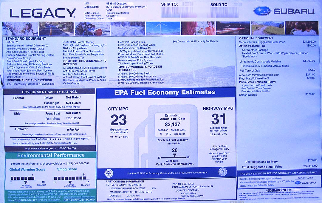 2012 Subaru Legacy Monroney window sticker