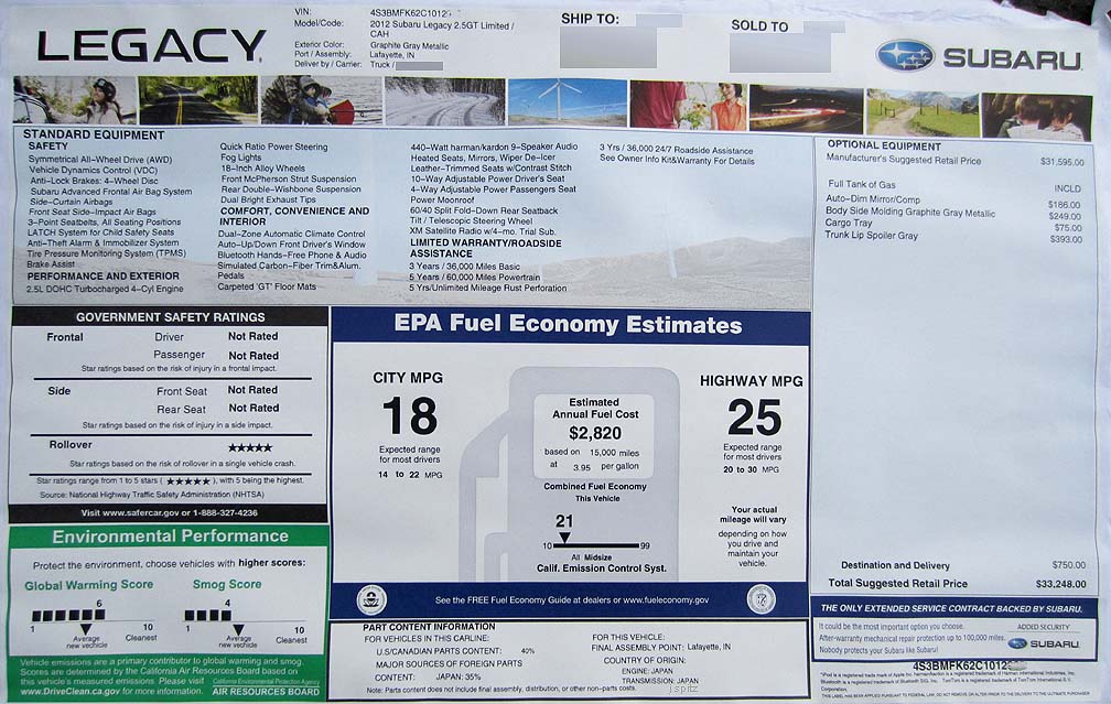 2012 Subaru Legacy 2.5GT turbo window Monroney price sticker