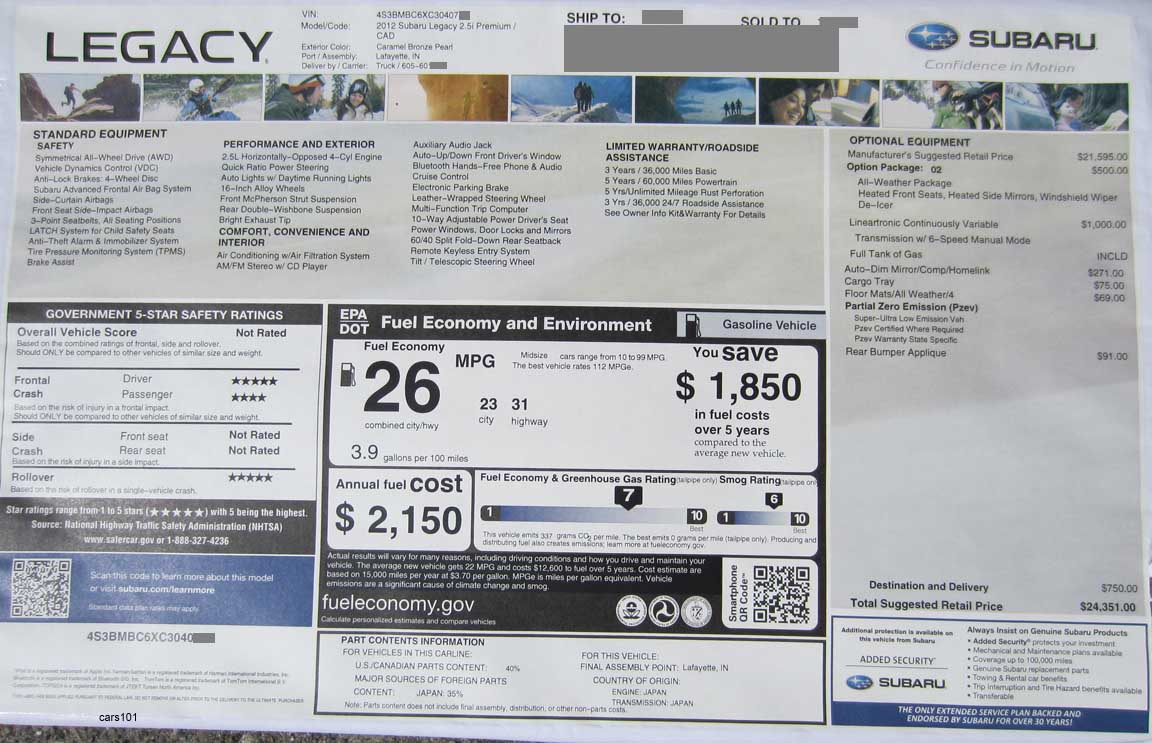 2012 subaru legacy redesigned window sticker, starting around May 2012