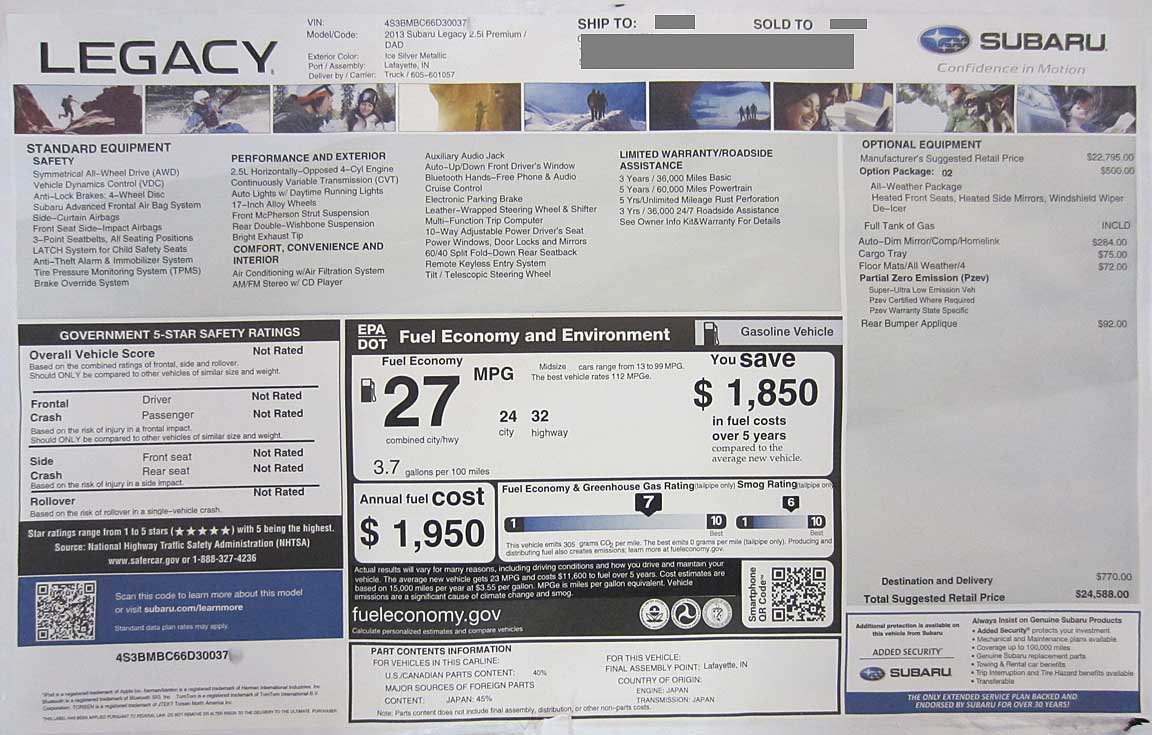 2013 subaru legacy window price sticker