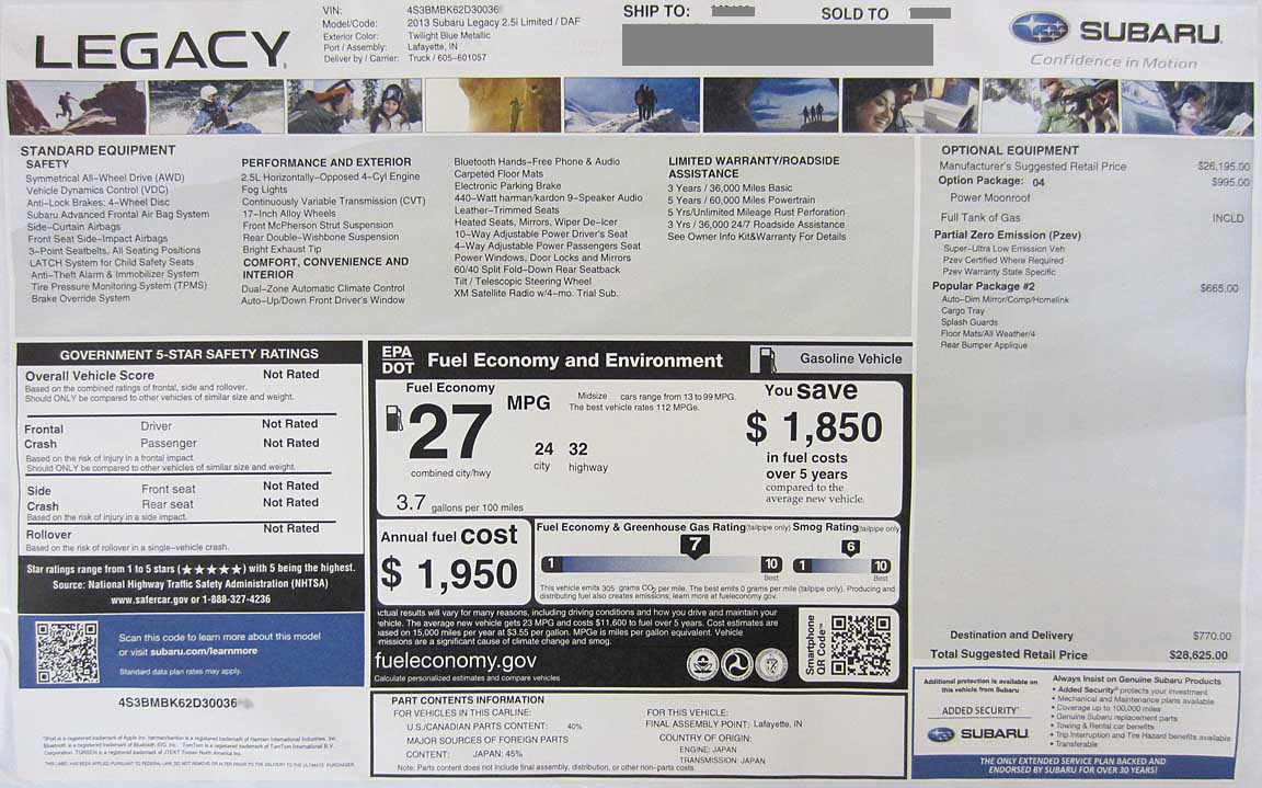 2013 subaru legacy 2.5i limited sedan monroney msrp price window sticker