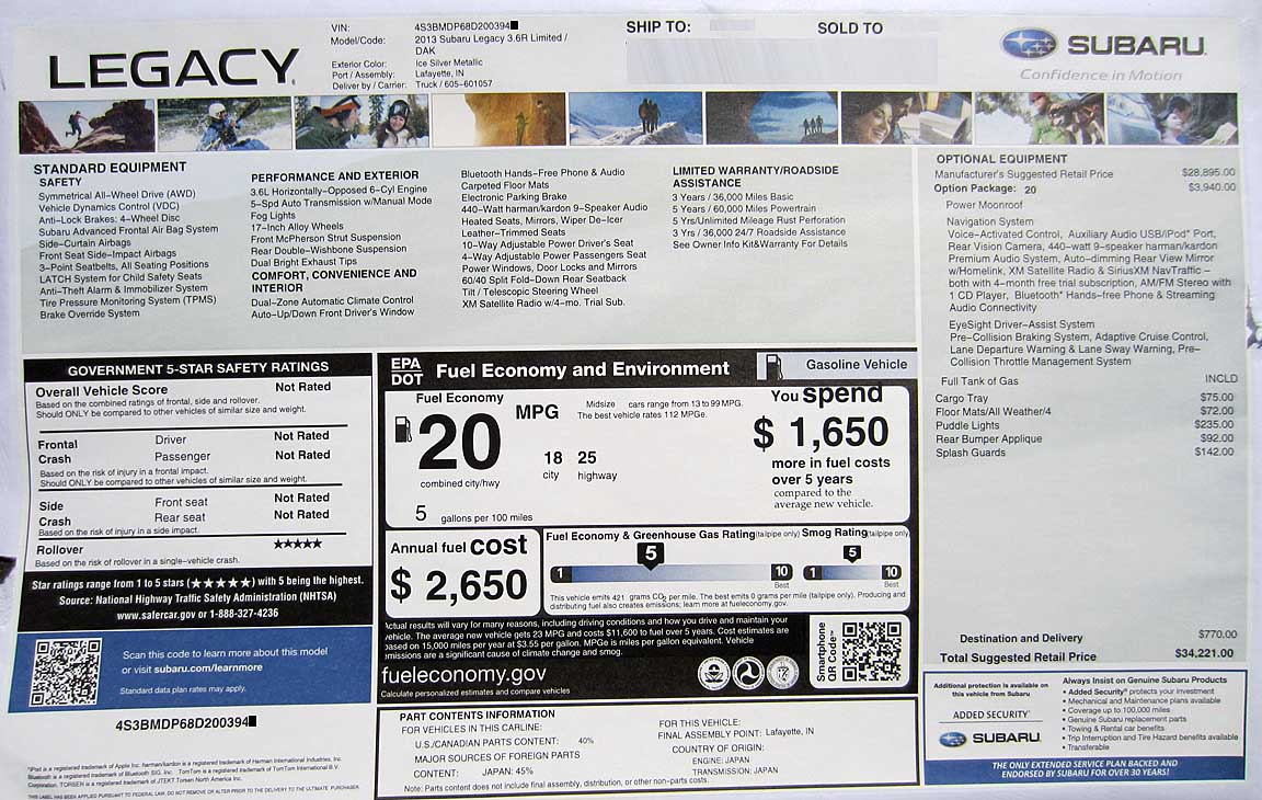 2013 legacy limited with eyesight monroney label