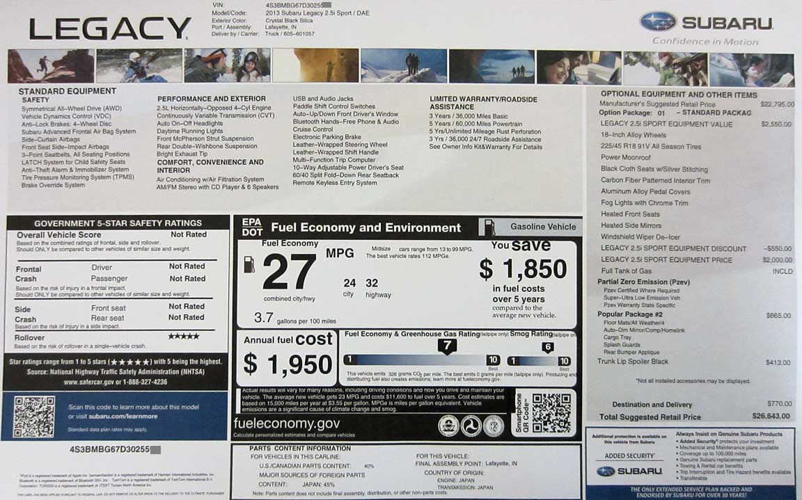 correct 2013 Legacy Sport monroney label