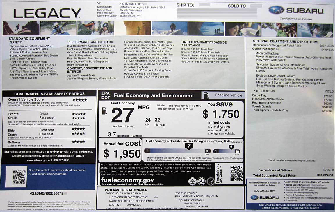 2014 subaru legacy 2.5i 4 cylinder limited window price information label