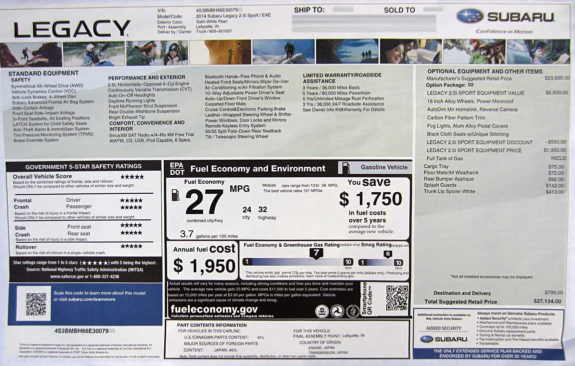 2014 subaru legacy2.5i sport model window monroney price sticker