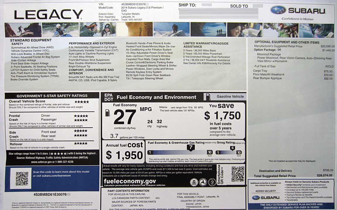 2014 subaru legacy 2.5i premium monroney wondow price label