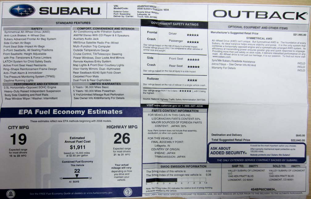 2008 subaru Outback monroney window label