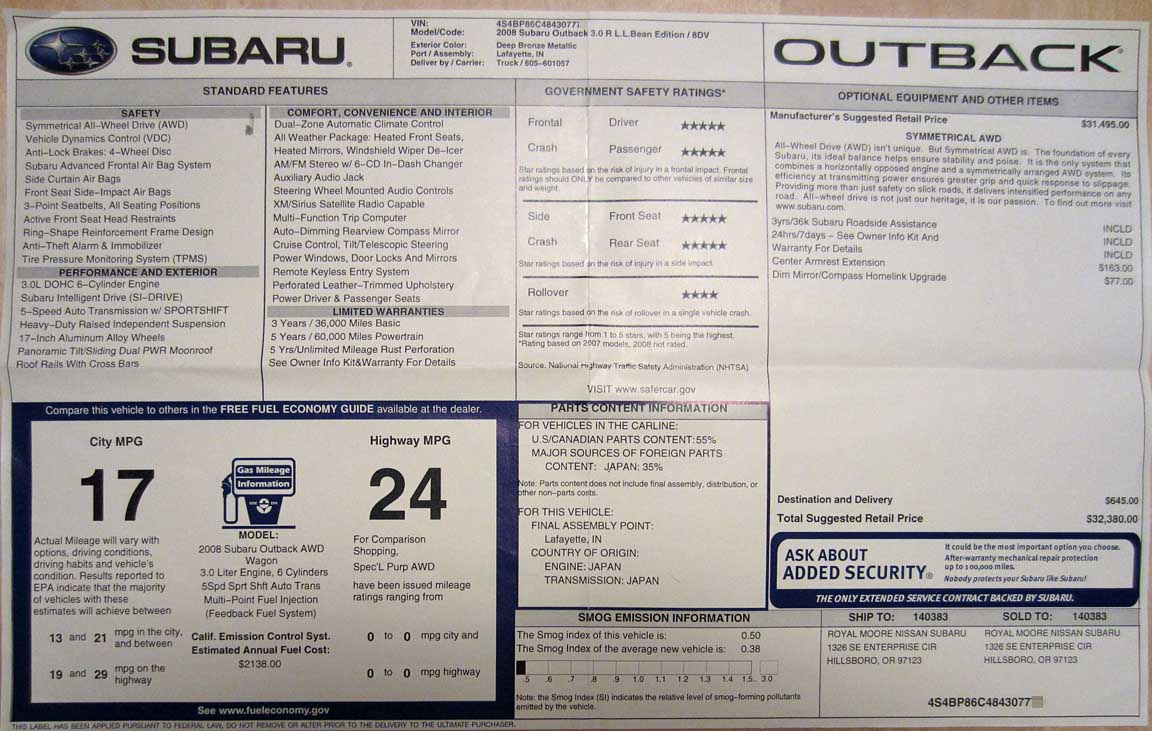 2008 Subaru Outback LL Bean window price sticker