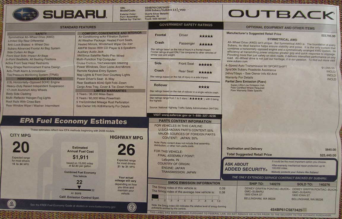2008 Subaru Outback 2.5i automatic transmission monroney window sticker