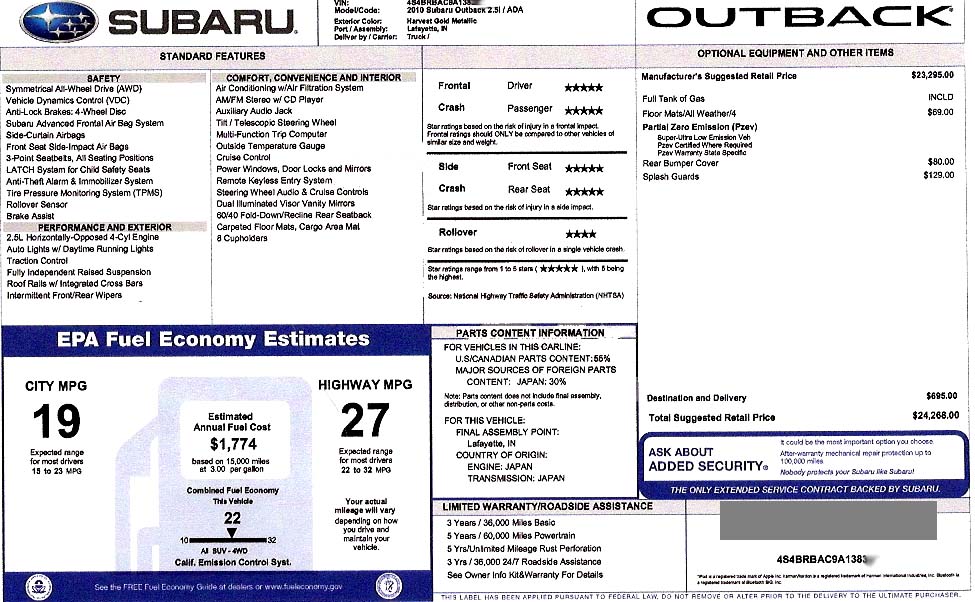 2010 Outback 2.5i Monroney sticker, manual transmission, PZEV