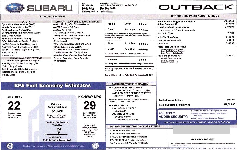 Monroney label, 2010 Outback 2.5i Premium, CVT transmission