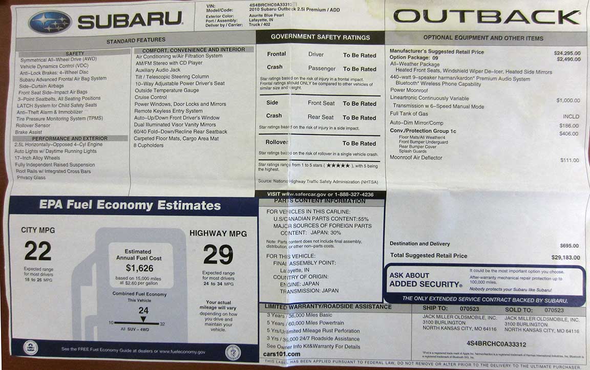 2010 Subaru Outback premium monroney window price sticker