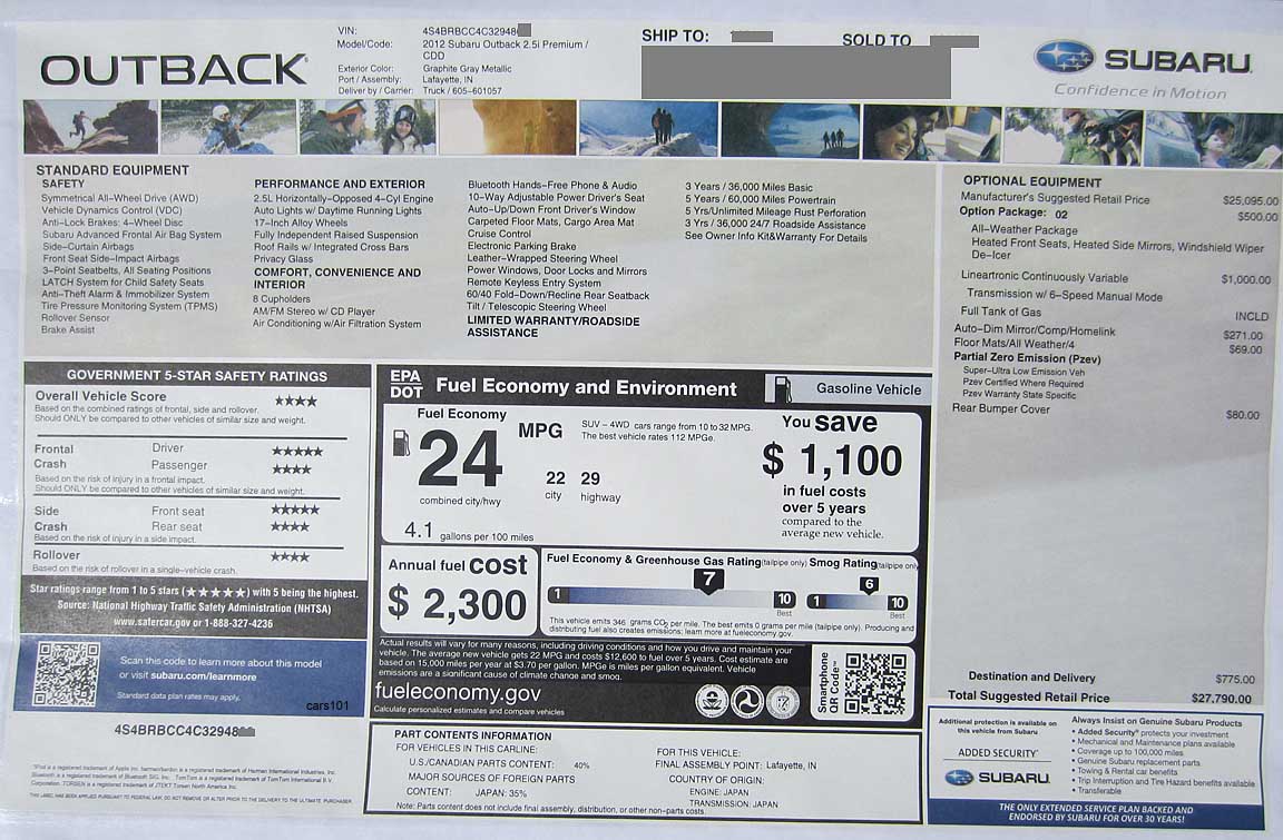 2012 subaru outback monroney window price sticker, redesigned around May 2012