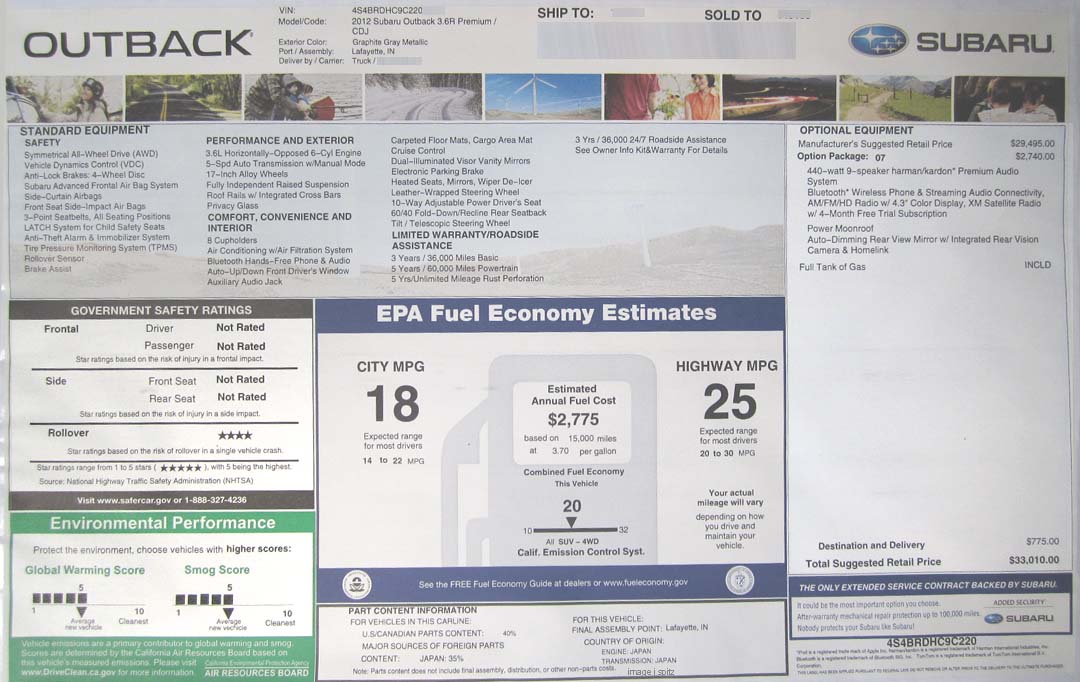 2012 Outback 3.6R Premium monroney window label price sticker