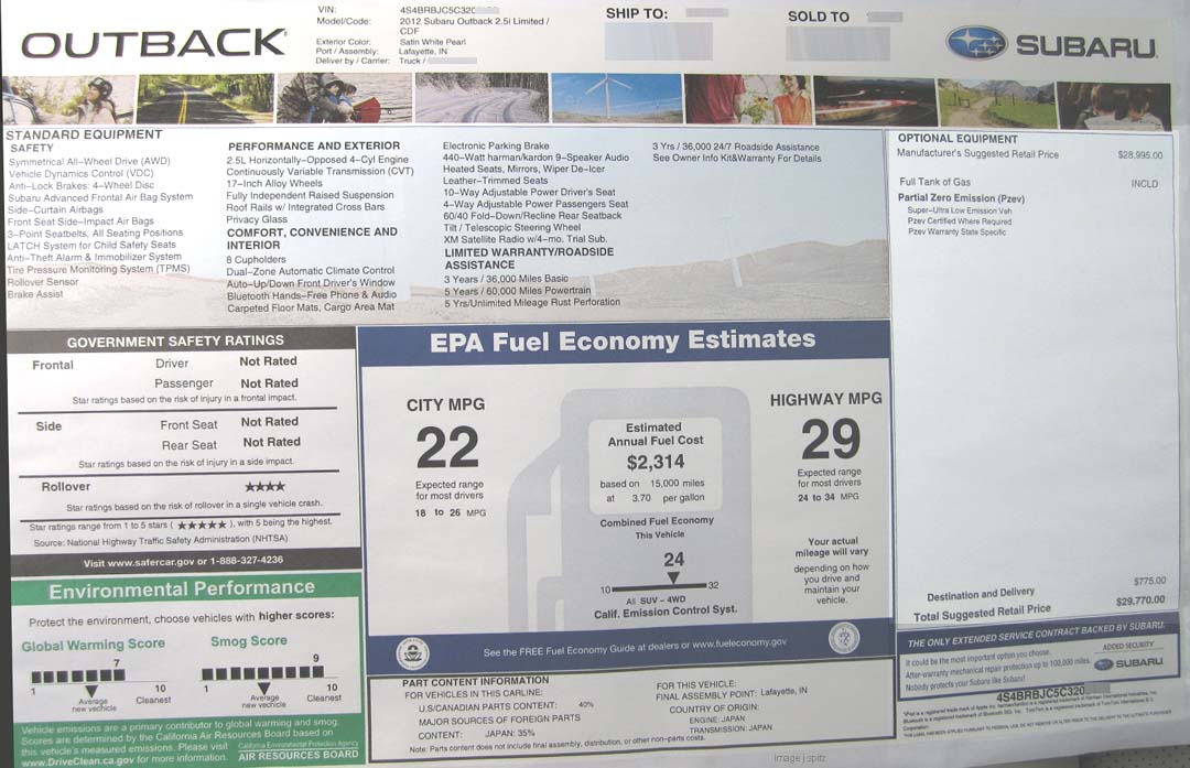 Monroney label, window sticker, 2012 Outback 2.5i Limited, satin white, PZEV emissions