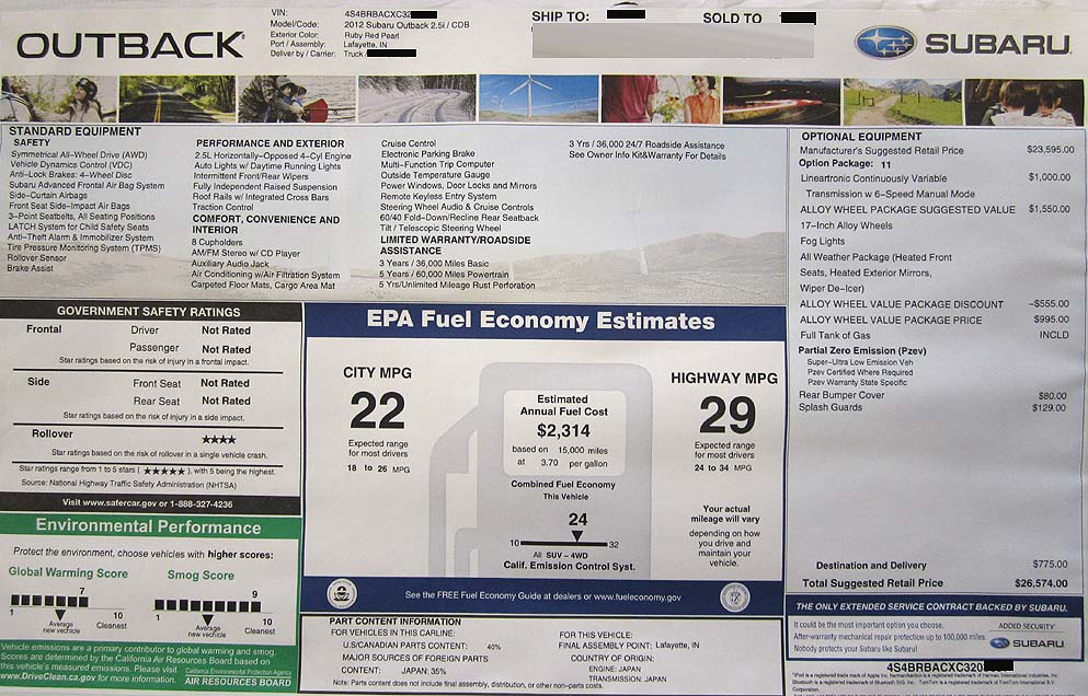 2012 Outback 2.5i window sticker with the new optional Alloy Wheel Package