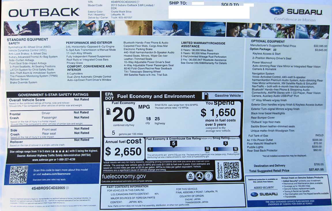 2013 subaru outback limited window sticker monroney price label