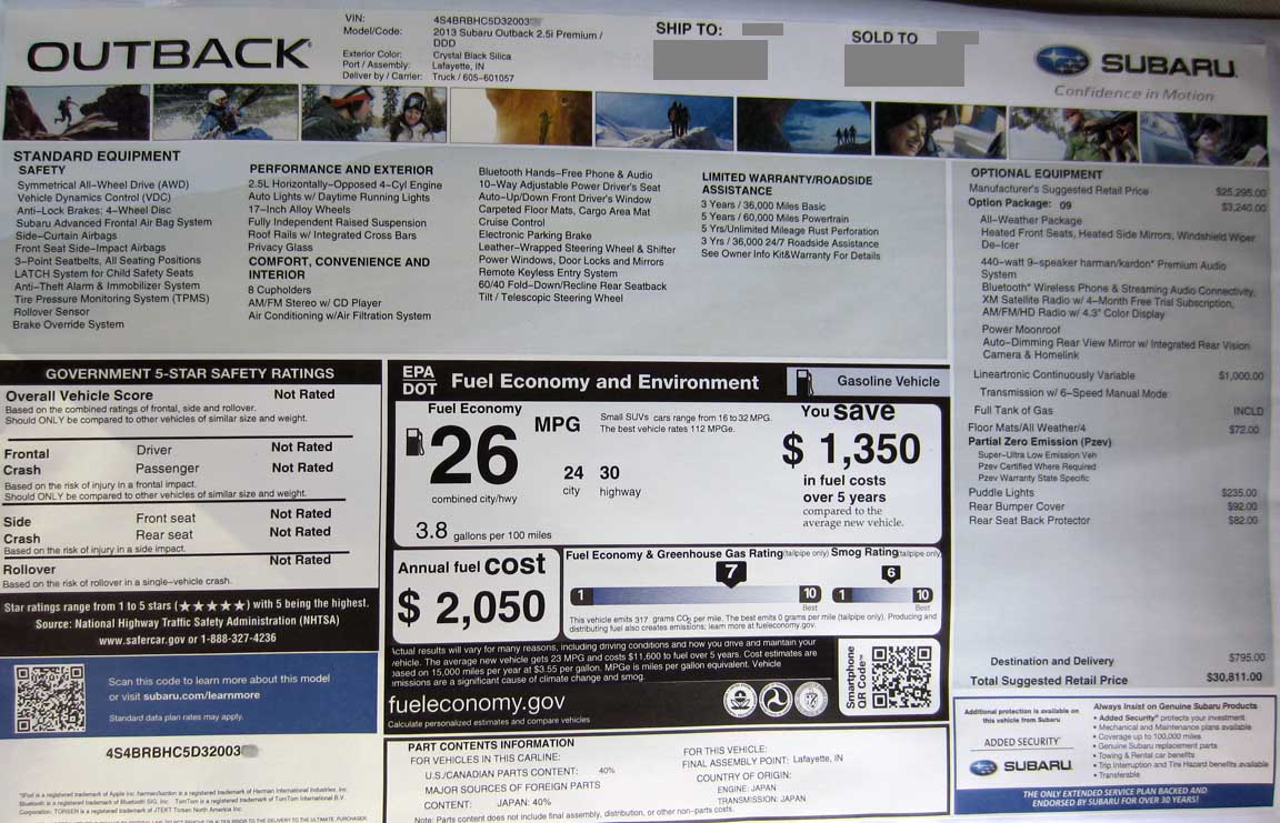 2013 OUTBACK MONRONEY LABEL