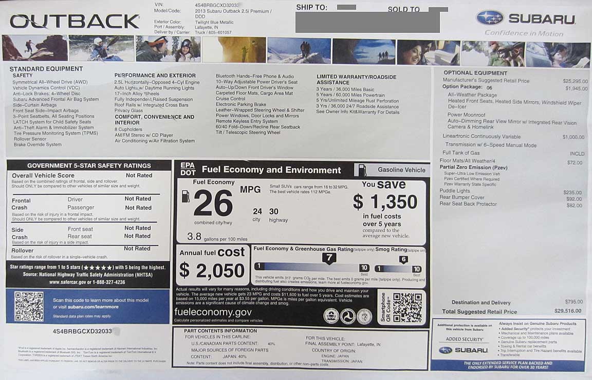 2013 outback factory price sticker