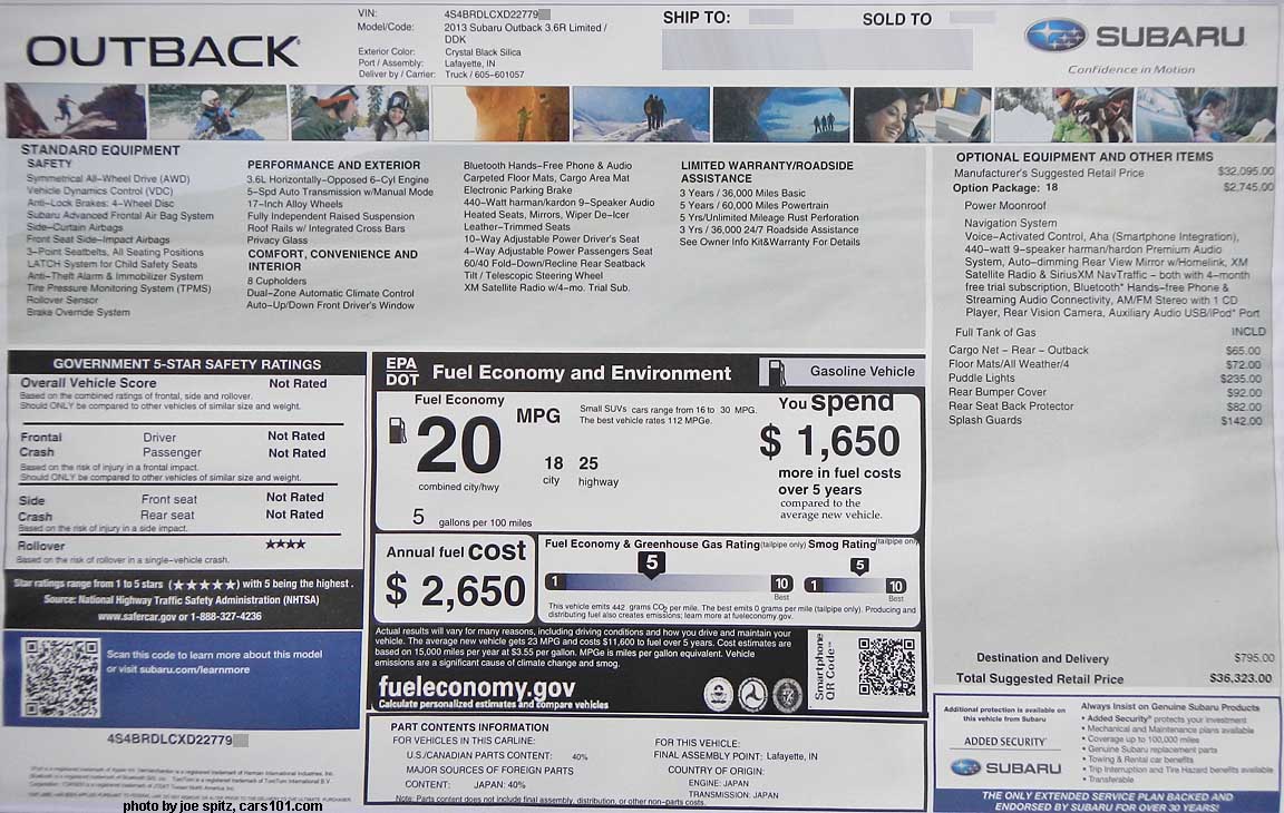 2013 subaru outback window sticker with Aha audio integration