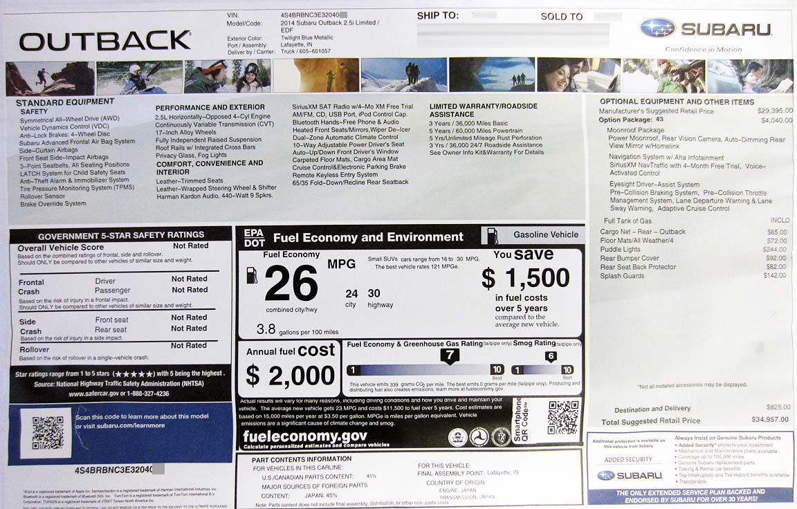 2014 subaru outback 2.5i limited with moonroof, navigation, eyesight msrp price window sticker