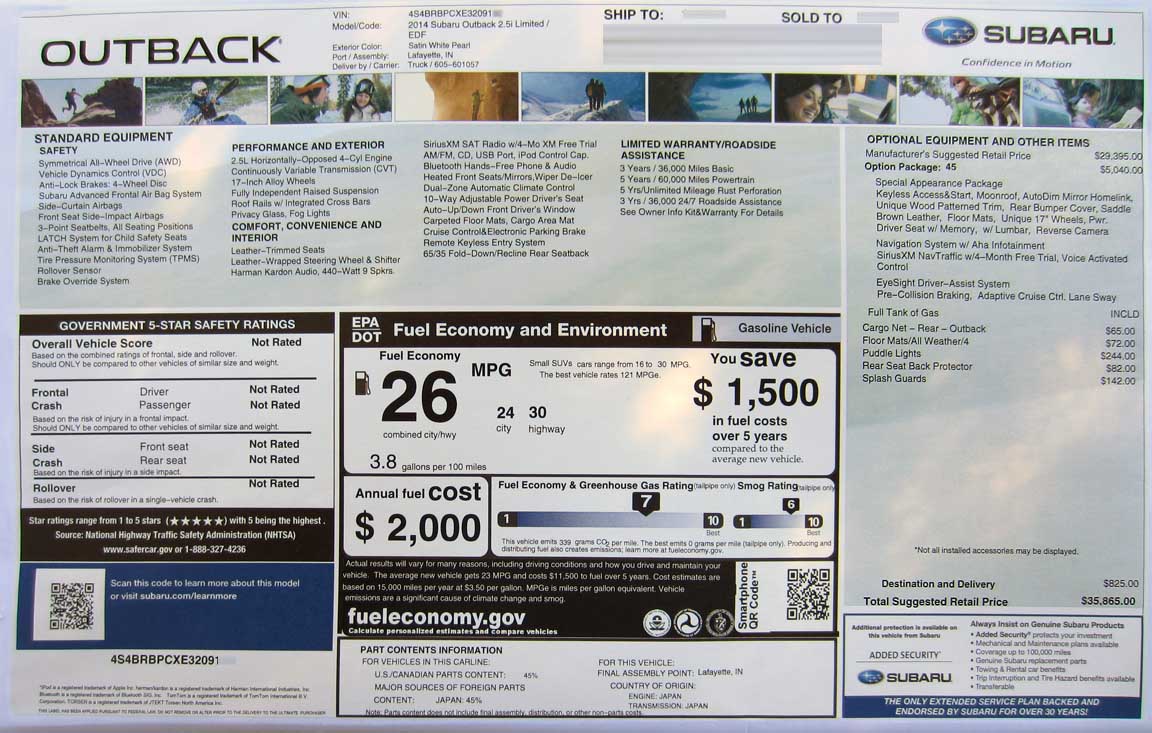 windown price monroney sticker, 2014 subaru outback limited with special appearance package