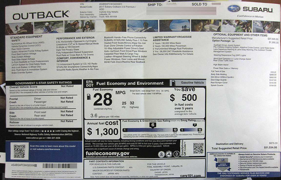 2017 Subaru Outback 2.5 Premium (HDD) Option Package #14 window Monroney price sticker