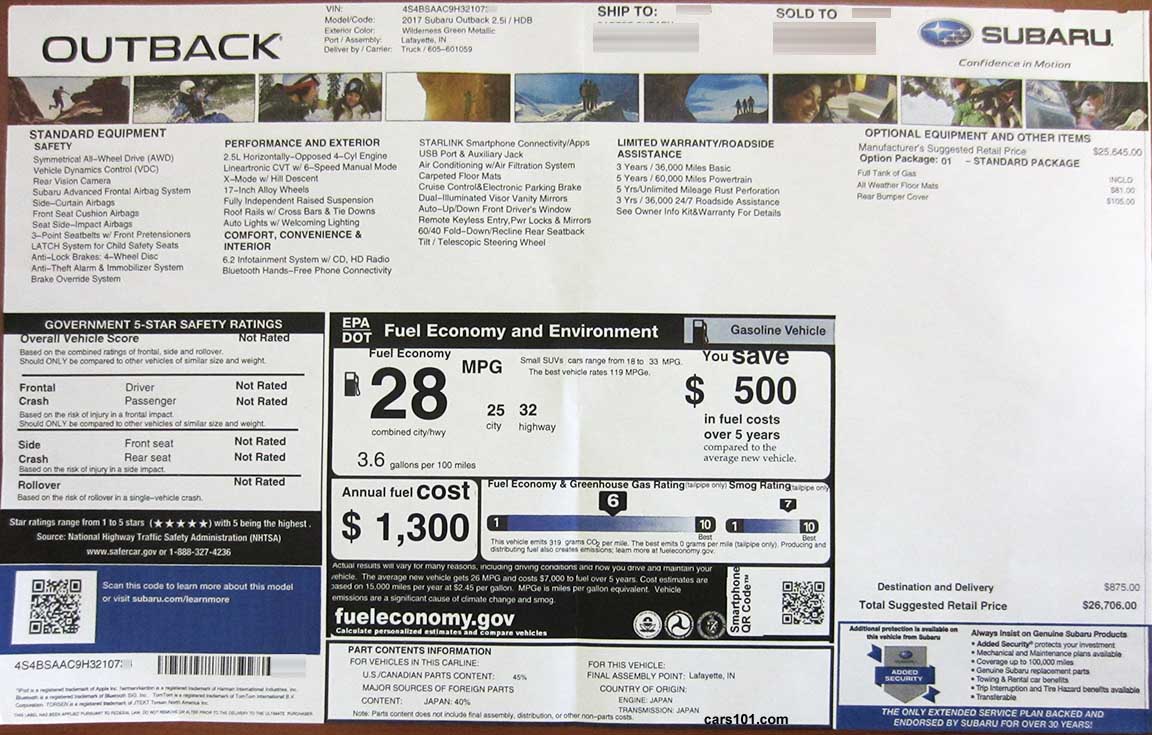 2017 Subaru Outback 2.5i base model (code HDB) window price Monroney sticker